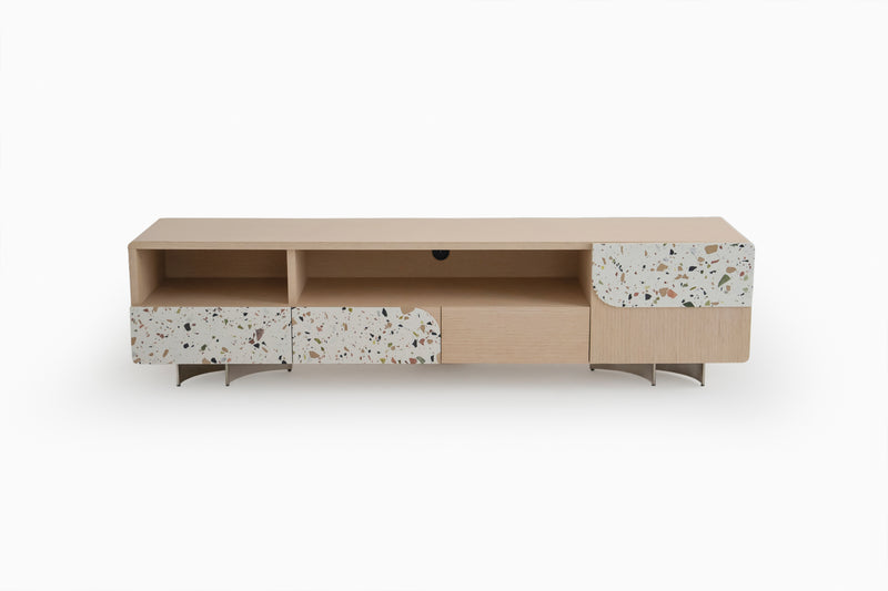 Speckle Charm TV Stand Oak and Colored Terrazzo Design by Acanva