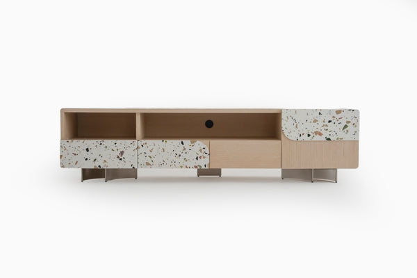 Speckle Charm TV Stand Oak and Colored Terrazzo Design by Acanva