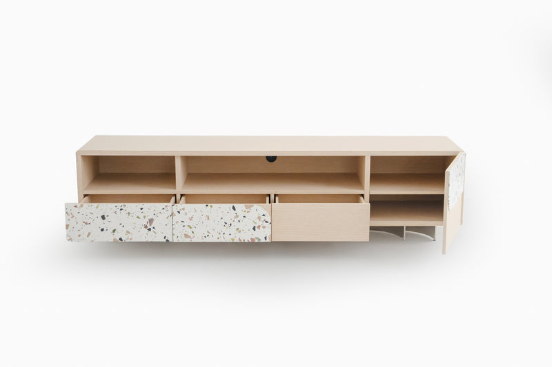 Speckle Charm TV Stand Oak and Colored Terrazzo Design by Acanva