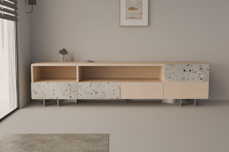 Speckle Charm TV Stand Oak and Colored Terrazzo Design by Acanva