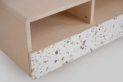 Speckle Charm TV Stand Oak and Colored Terrazzo Design by Acanva