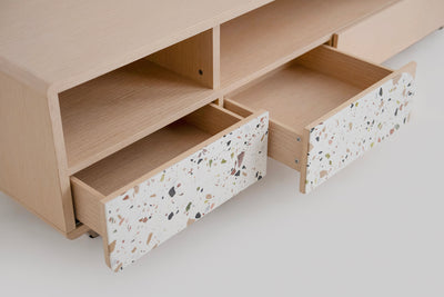 Speckle Charm TV Stand Oak and Colored Terrazzo Design by Acanva