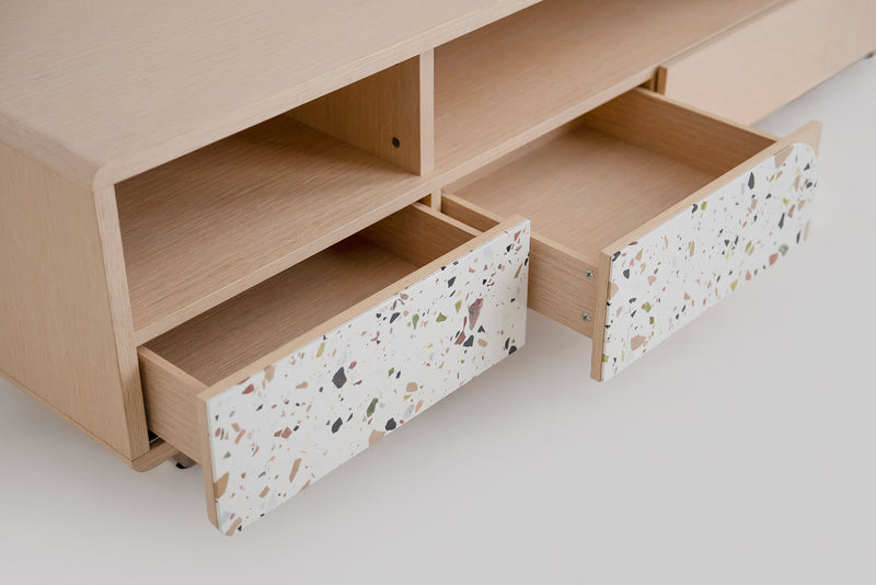 Speckle Charm TV Stand Oak and Colored Terrazzo Design by Acanva